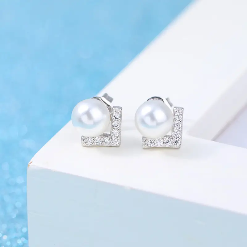 Korean Style Pearl V-Shaped Silver Earrings for Women