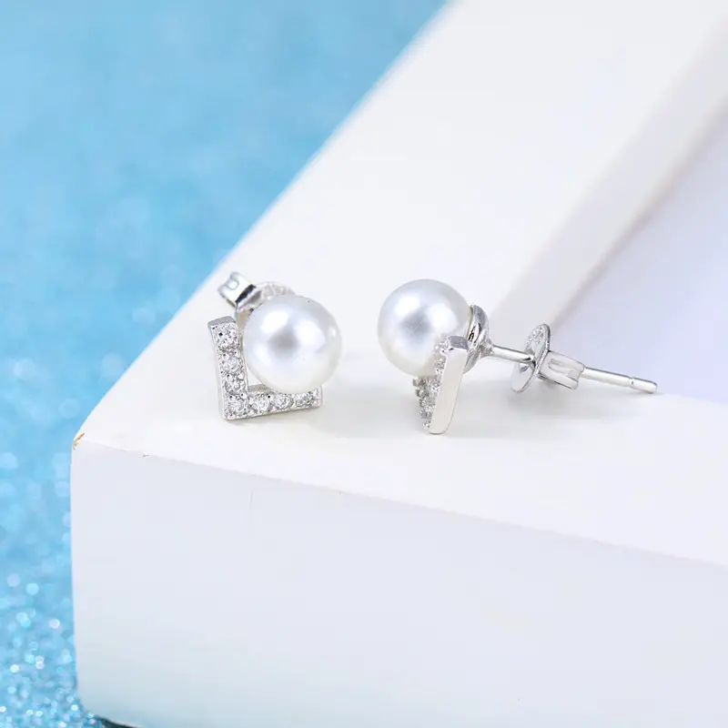 Korean Style Pearl V-Shaped Silver Earrings for Women