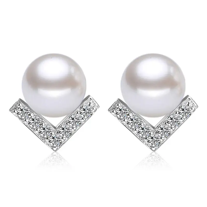Korean Style Pearl V-Shaped Silver Earrings for Women