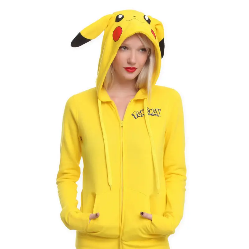 Women Yellow Pikachu Full Zip Hoodie Sweatshirt - Image 2
