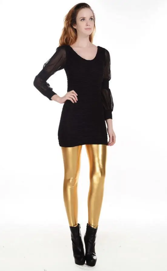 Golden Metallic Tight Fit Leggings with High Heels — feature 15