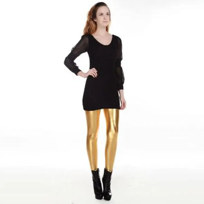 Golden Metallic Tight Fit Leggings with High Heels - Image 4