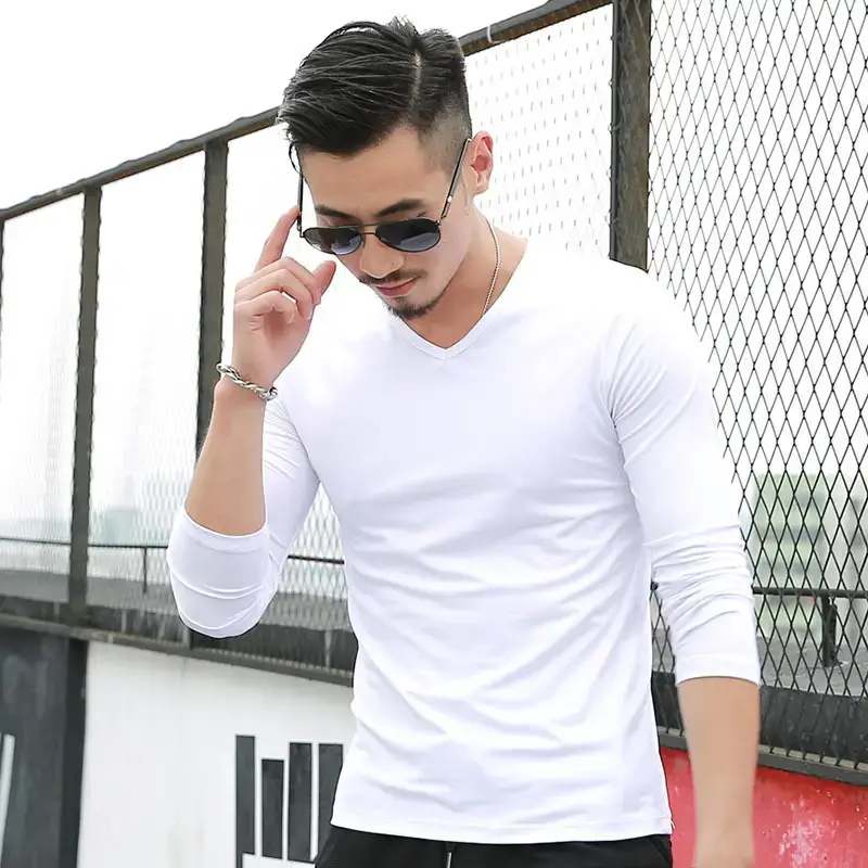 Men's Red Long Sleeve V-Neck T-Shirt - Image 7