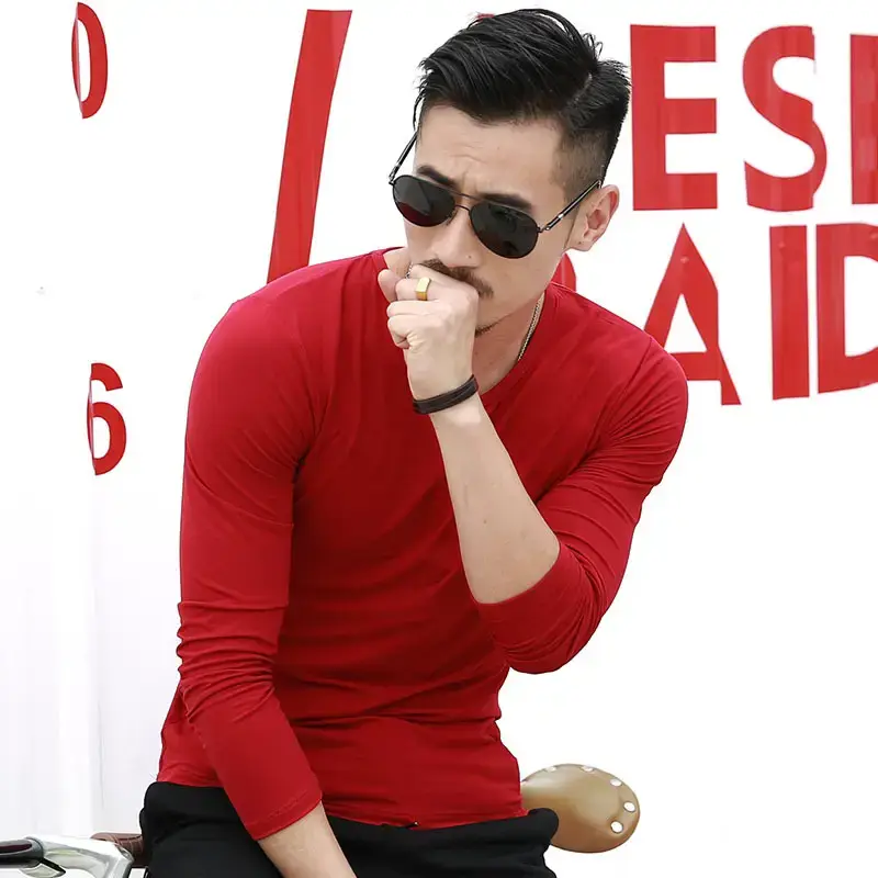 Men's Red Long Sleeve V-Neck T-Shirt - Image 9