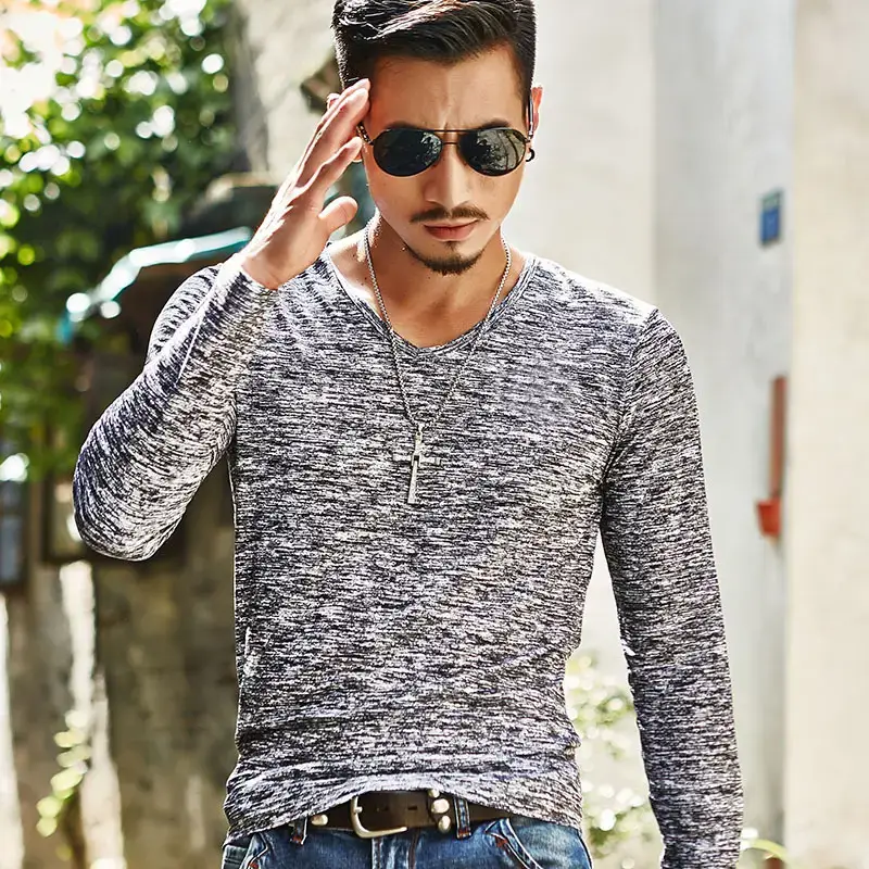 Men's Maroon Marbled Long Sleeve T-Shirt Slim Fit Casual