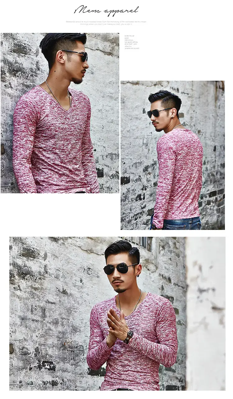 Men's Maroon Marbled Long Sleeve T-Shirt Slim Fit Casual — feature 11