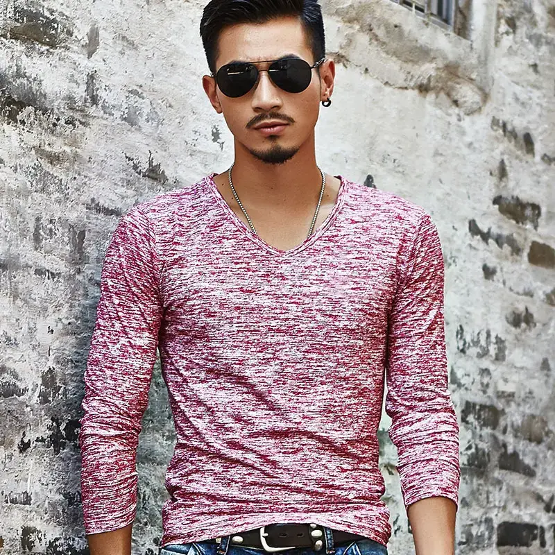 Men's Maroon Marbled Long Sleeve T-Shirt Slim Fit Casual