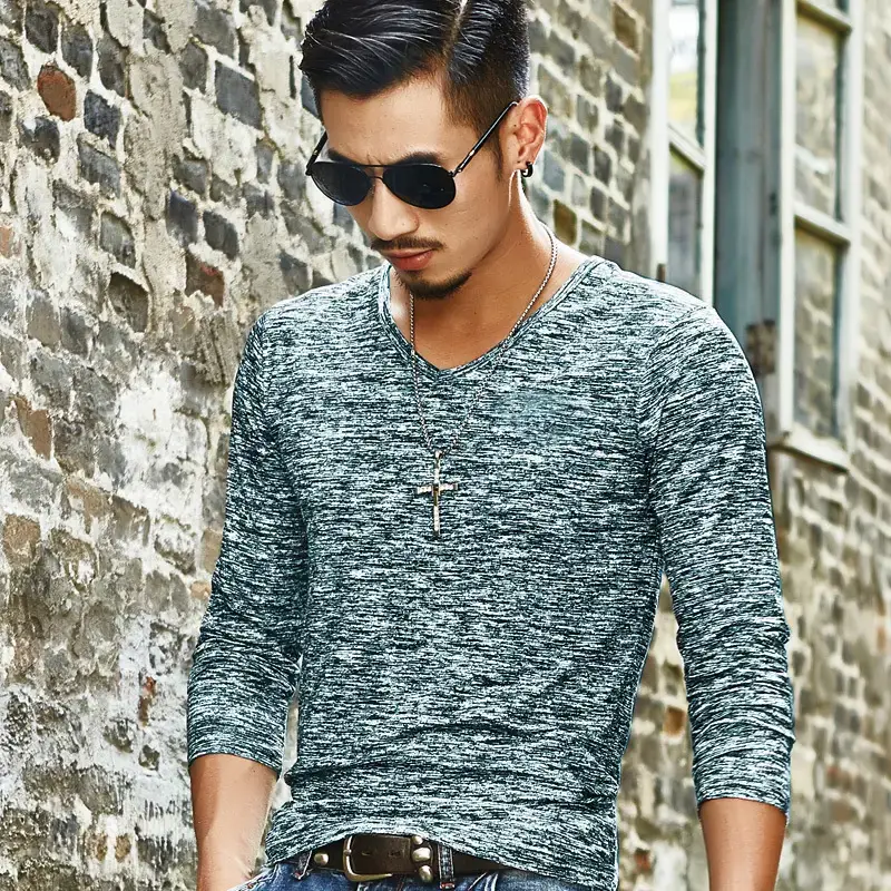 Men's Maroon Marbled Long Sleeve T-Shirt Slim Fit Casual