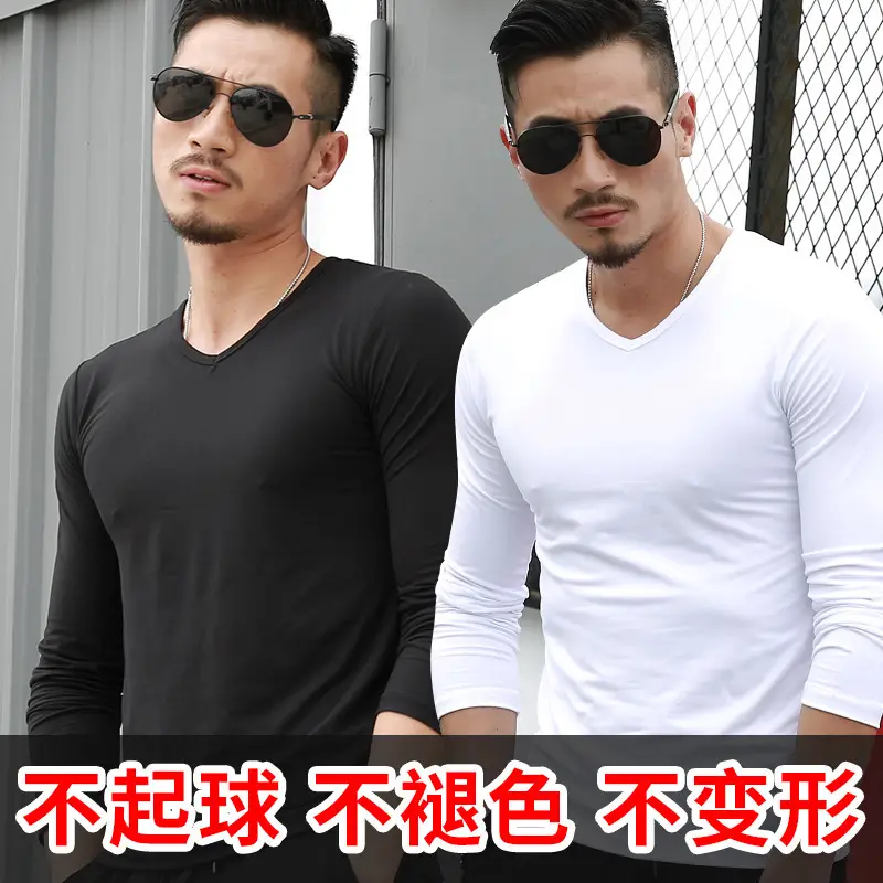 Men V-Neck Long Sleeve T-Shirt Black White - Image 8