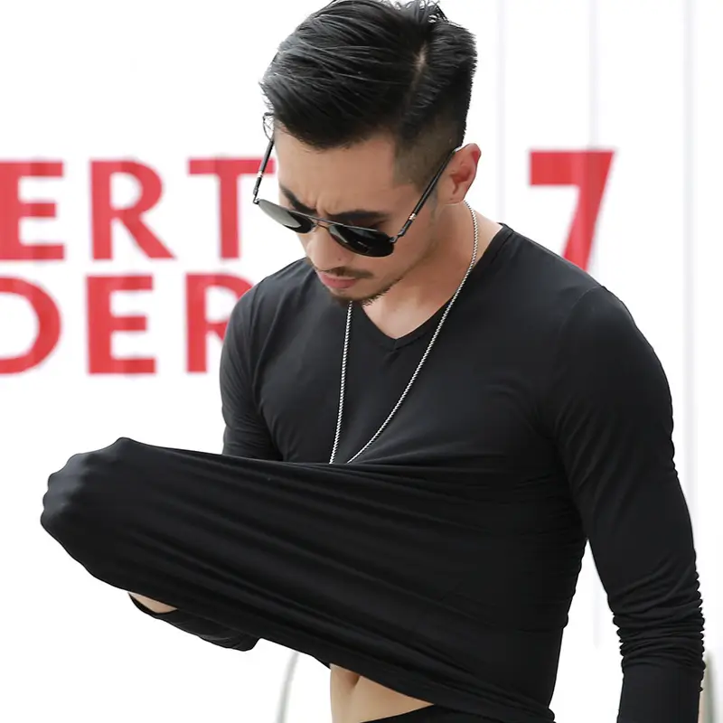 Men V-Neck Long Sleeve T-Shirt Black White - Image 9