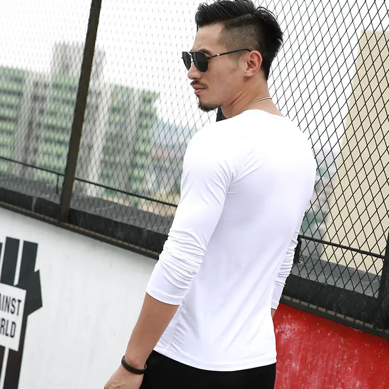 Men V-Neck Long Sleeve T-Shirt Black White - Image 11