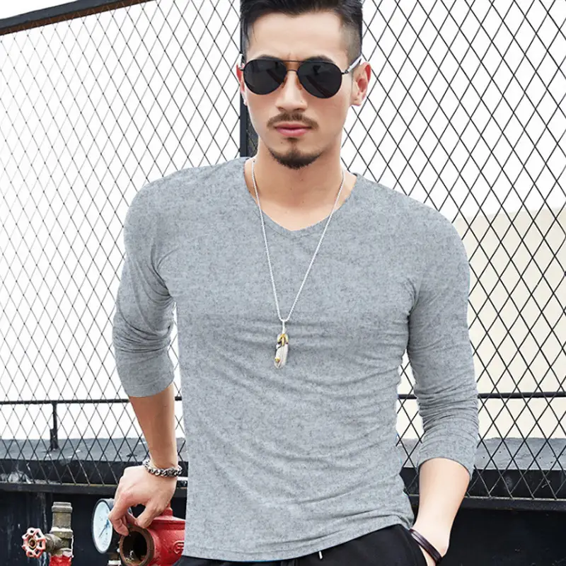 Men V-Neck Long Sleeve T-Shirt Black White - Image 4