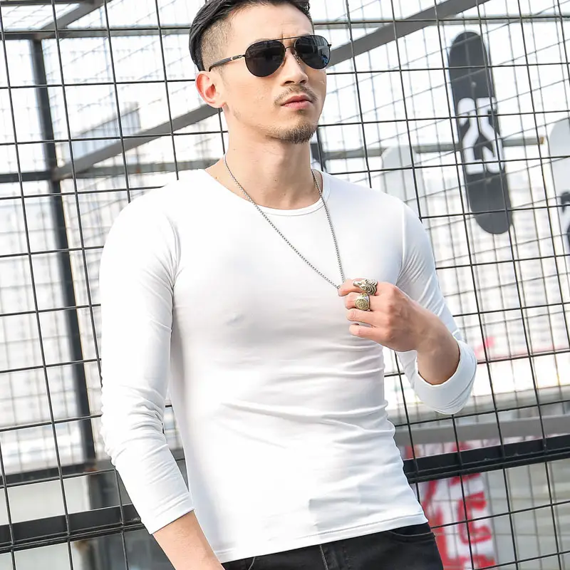 Men V-Neck Long Sleeve T-Shirt Black White - Image 6