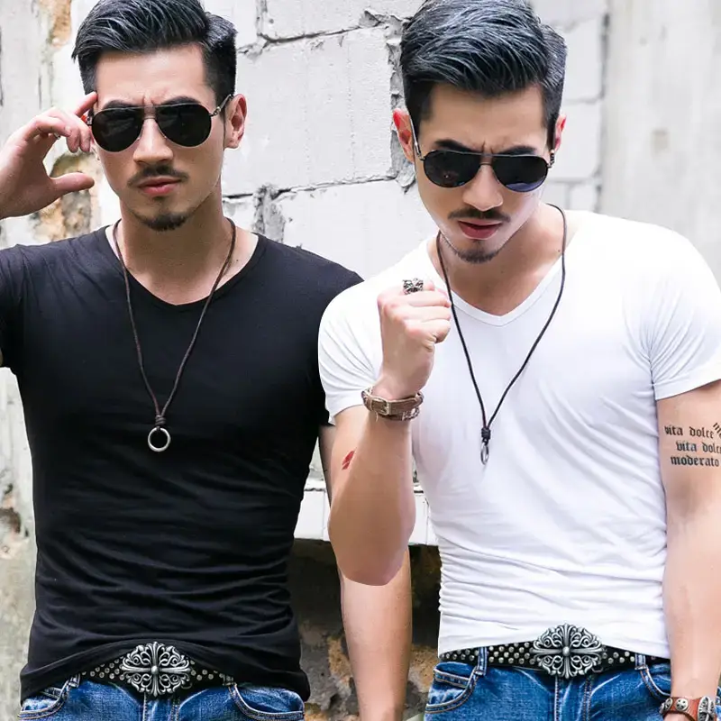 Men V-Neck Short Sleeve T-Shirt Slim Fit Solid Color