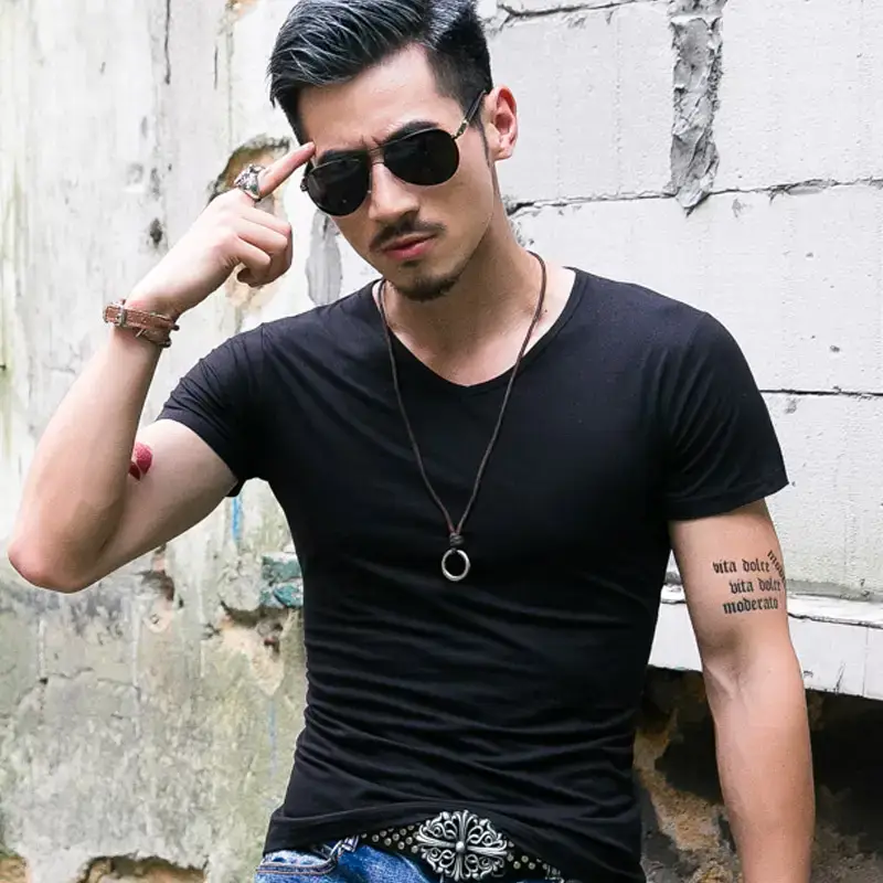 Men V-Neck Short Sleeve T-Shirt Slim Fit Solid Color