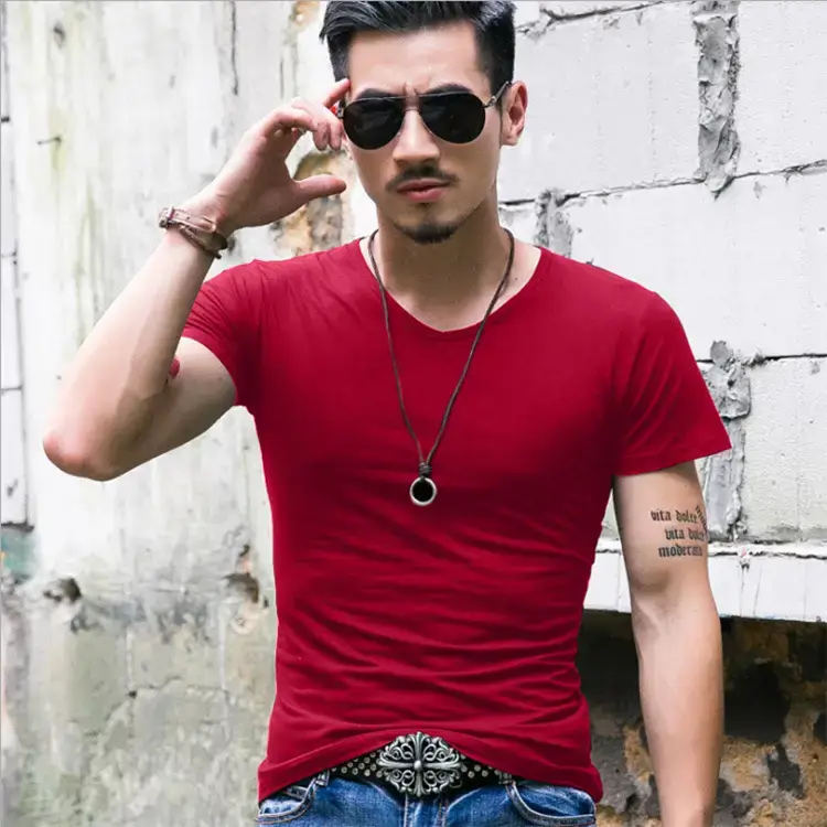 Men V-Neck Short Sleeve T-Shirt Slim Fit Solid Color