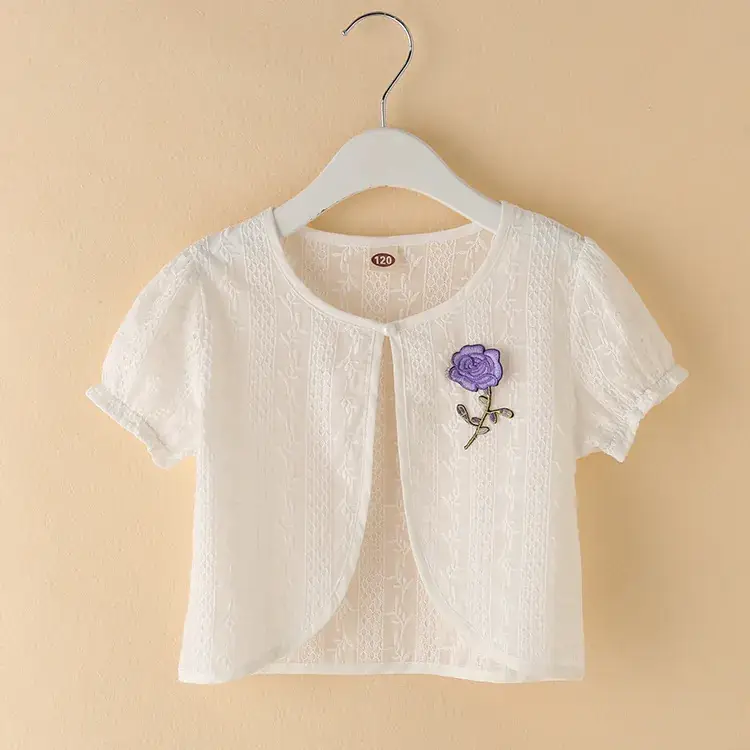 White Embroidered Girl's Cotton Shawl Coat - Image 4