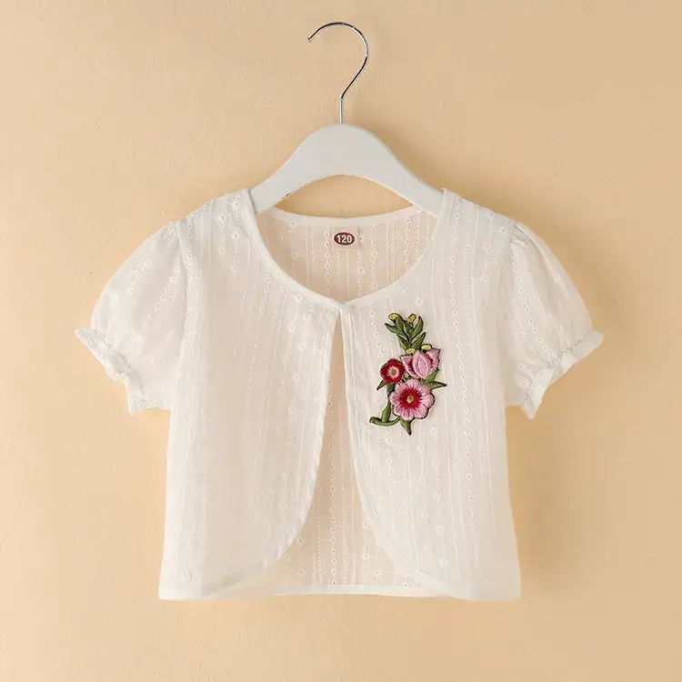 White Embroidered Girl's Cotton Shawl Coat - Image 3