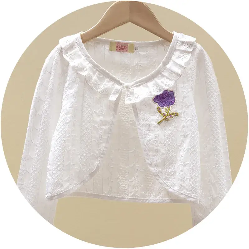 White Embroidered Girl's Cotton Shawl Coat - Image 9