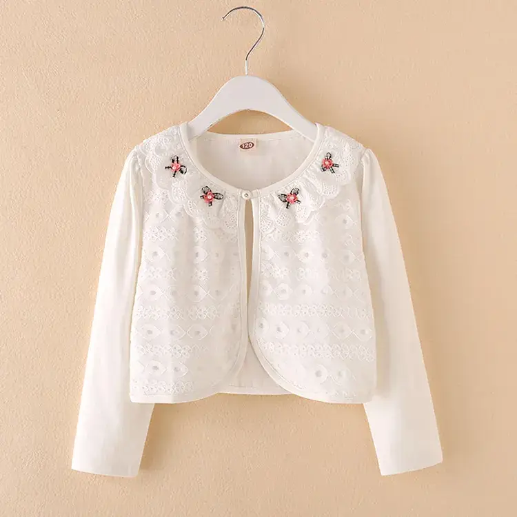 White Embroidered Girl's Cotton Shawl Coat - Image 5