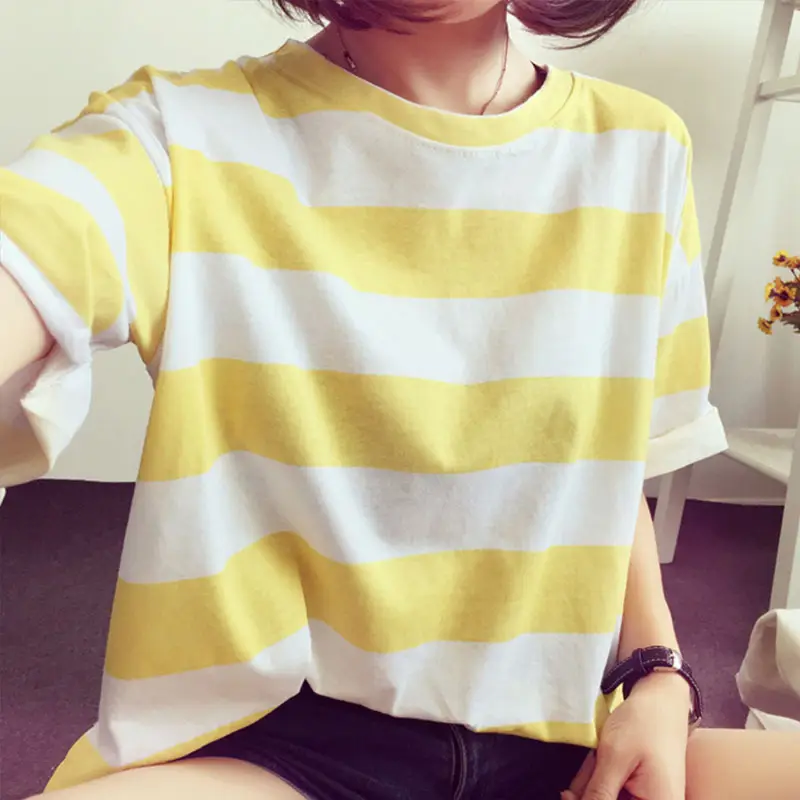 Women Striped T-Shirt Yellow White Loose Summer Top - Image 7