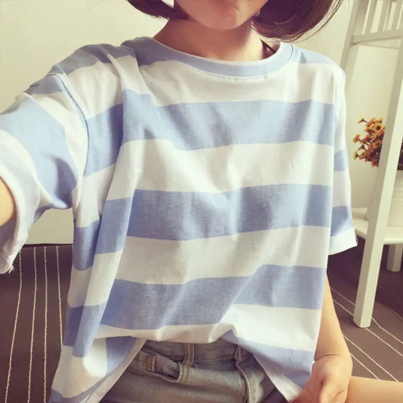 Women Striped T-Shirt Yellow White Loose Summer Top - Image 8