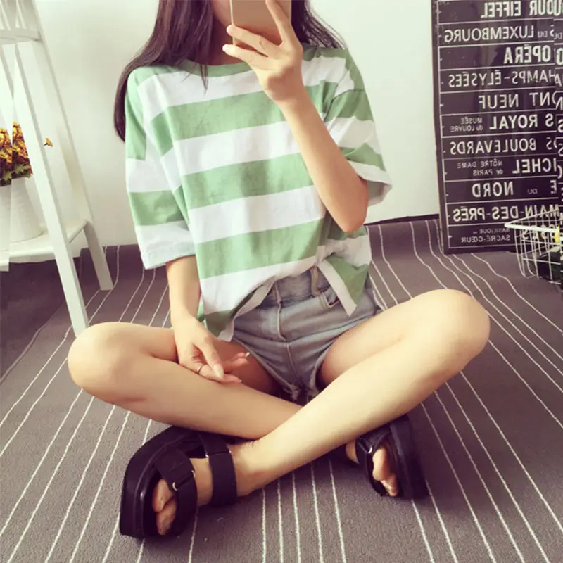 Women Striped T-Shirt Yellow White Loose Summer Top - Image 10
