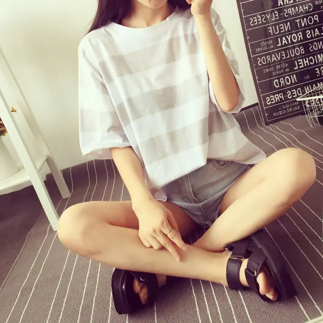 Women Striped T-Shirt Yellow White Loose Summer Top - Image 2