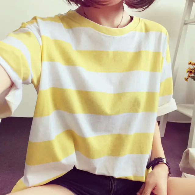 Women Striped T-Shirt Yellow White Loose Summer Top - Image 3