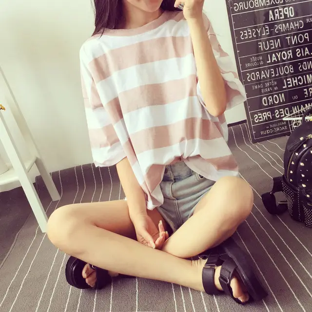 Women Striped T-Shirt Yellow White Loose Summer Top - Image 5