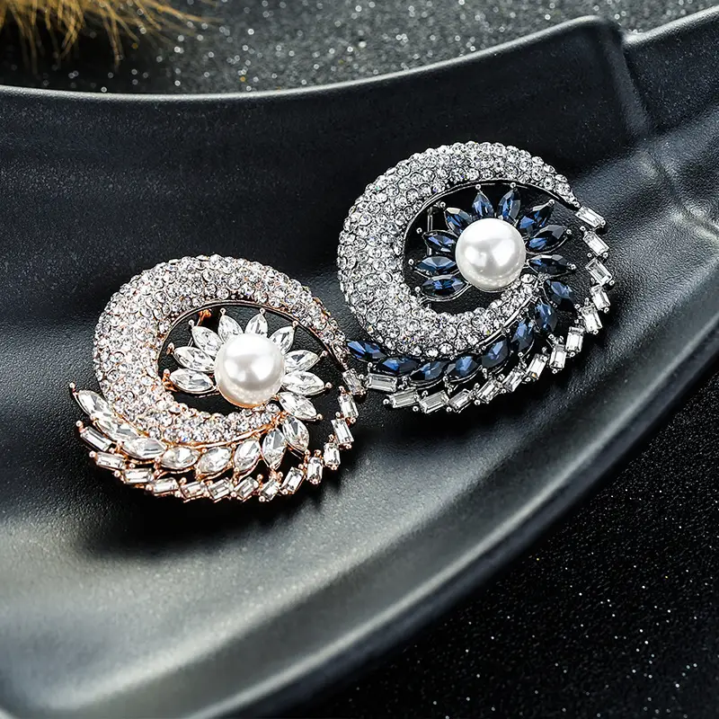 Elegant Crystal Rotating Brooch with Pearl & Blue Accents - Image 5