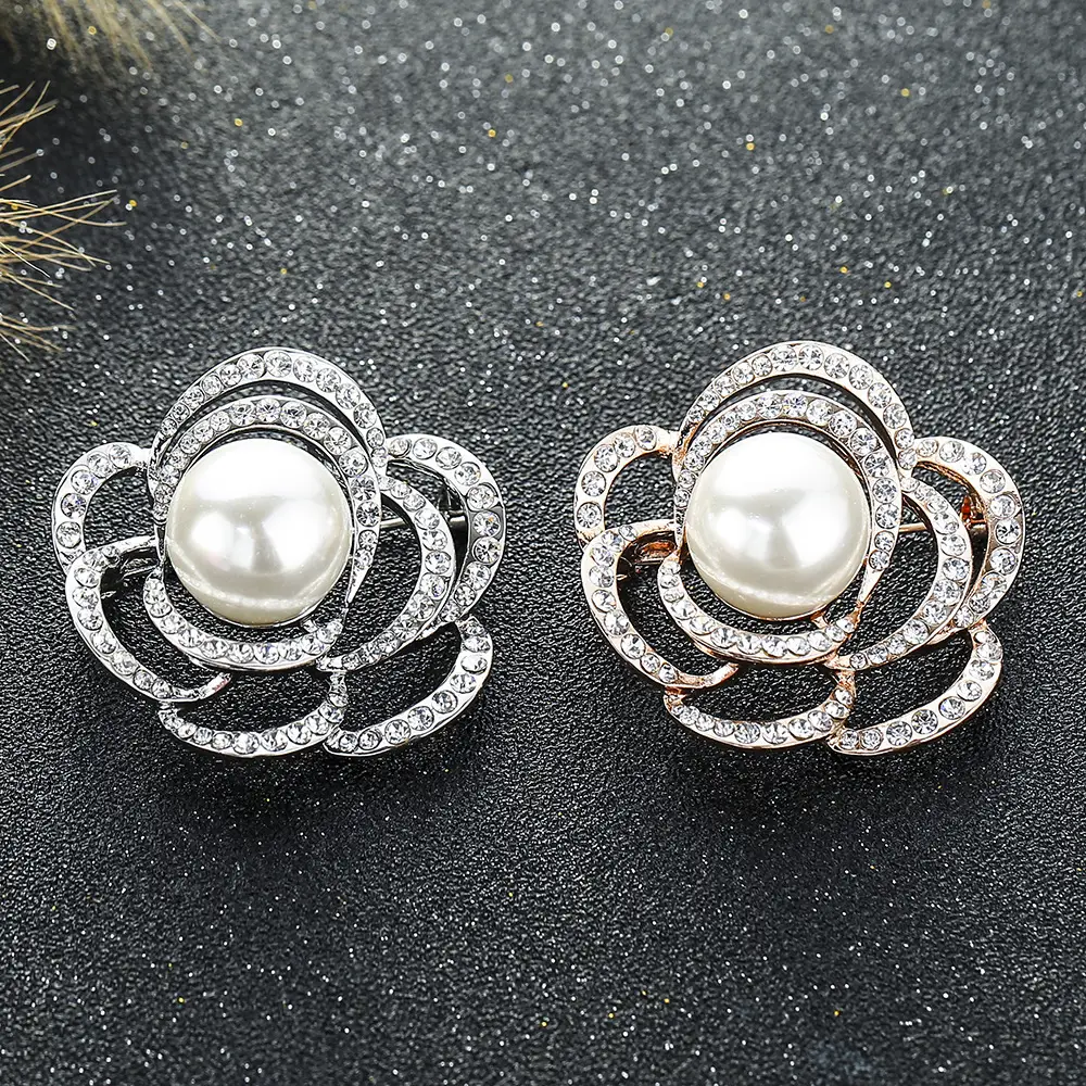 Pearl Flower Brooch with Crystal Accents - Image 3