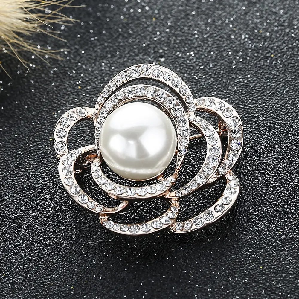 Pearl Flower Brooch with Crystal Accents - Image 4