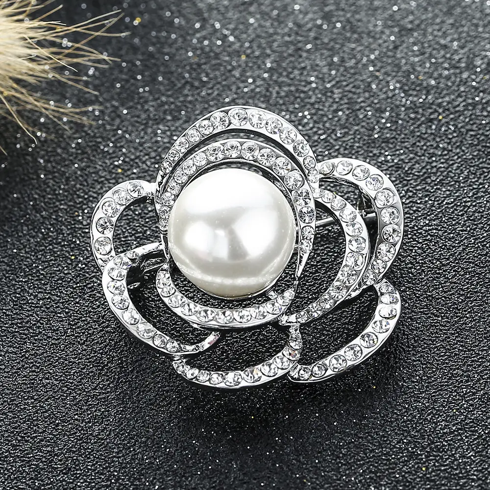 Pearl Flower Brooch with Crystal Accents - Image 5