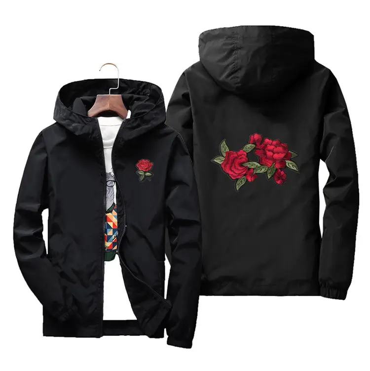 Men's White Embroidered Hoodie with Rose Design