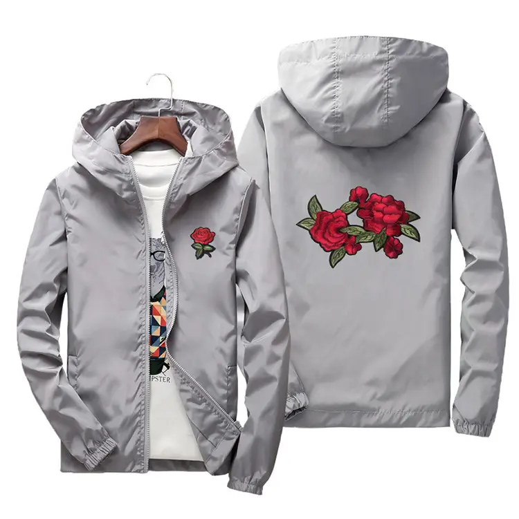 Men's White Embroidered Hoodie with Rose Design