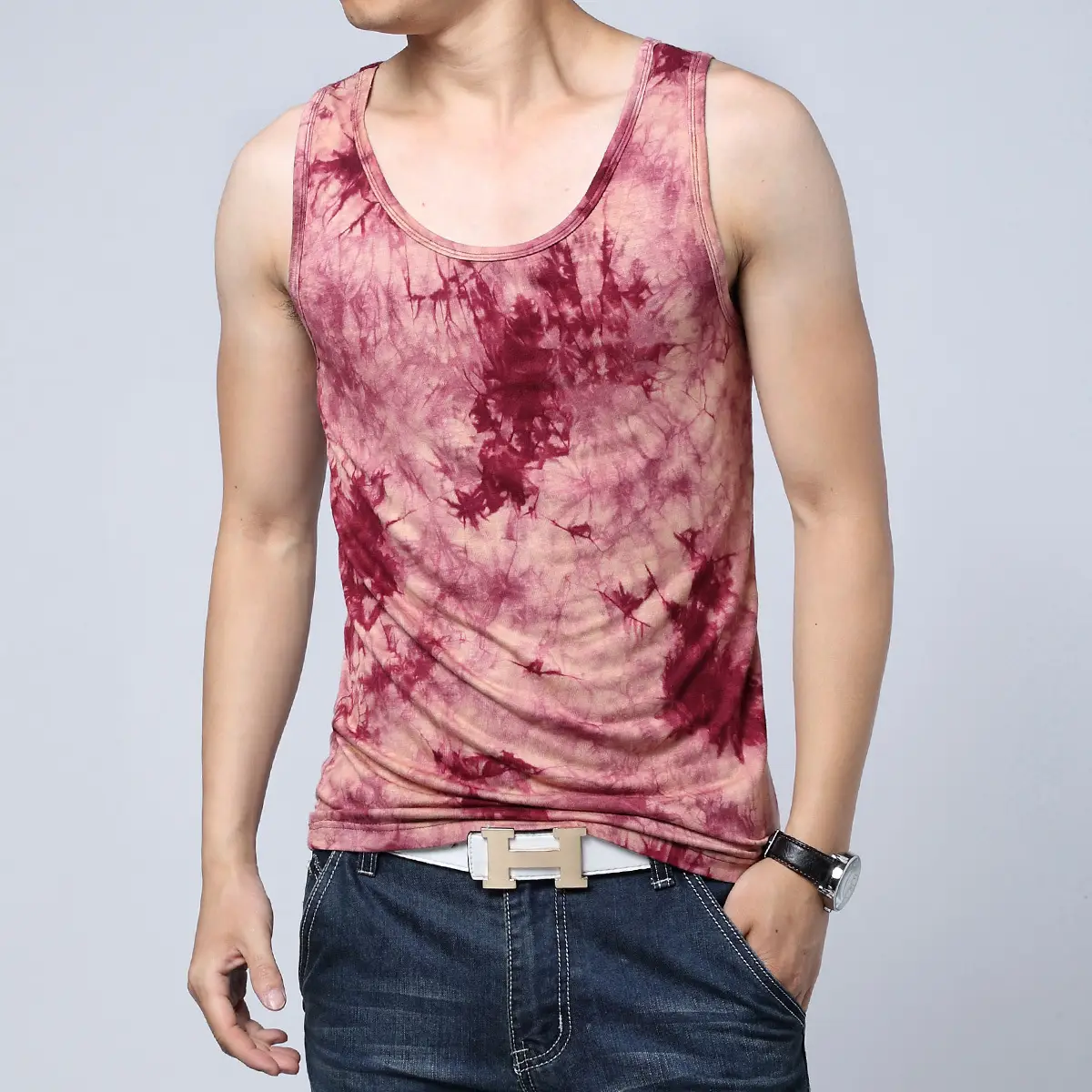 Men's Splash Ink Tie-Dye Vest Blue Elastic Loose Sweat Absorbing - Image 4