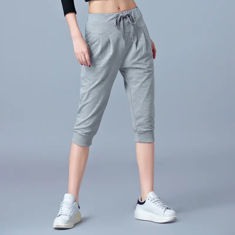Women High-Waist Stretch Cropped Sports Pants Gray - Image 6