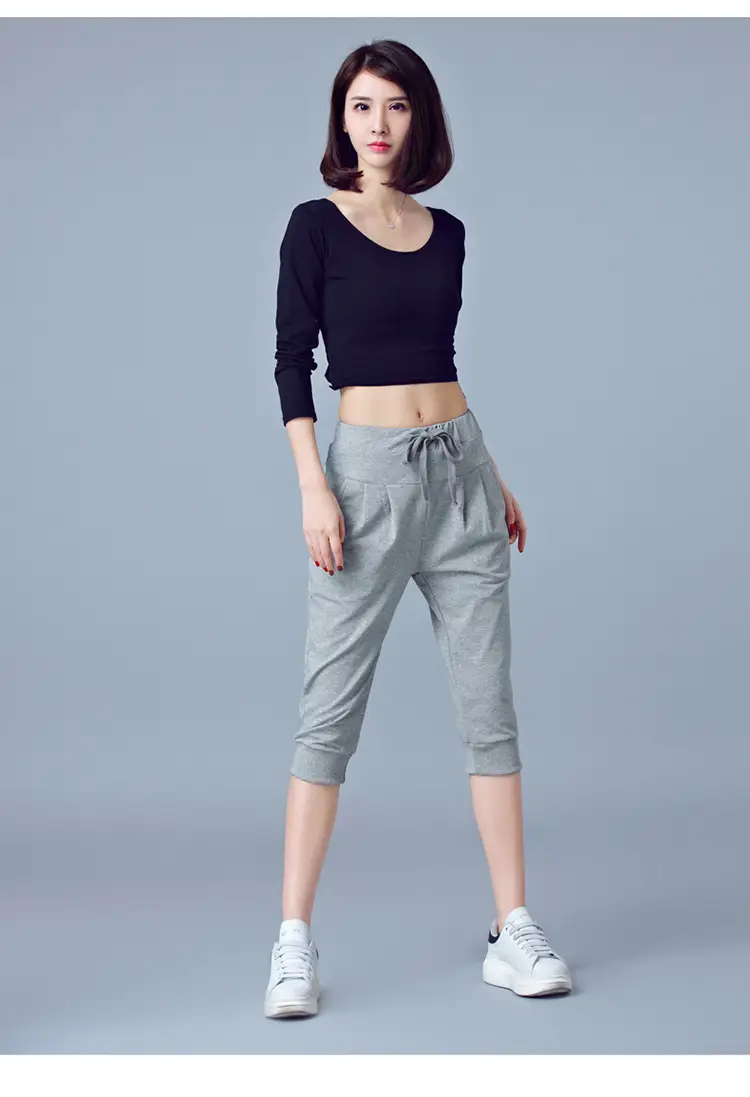 Women High-Waist Stretch Cropped Sports Pants Gray — feature 32