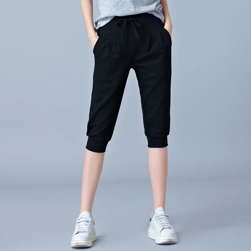 Women High-Waist Stretch Cropped Sports Pants Gray - Image 2