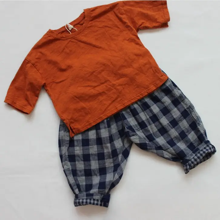 Autumn Boys Plaid Pants Orange Top Set - Image 4