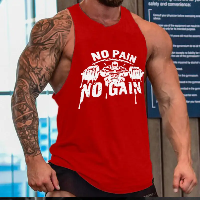 Men's Red Muscle Tank Top Vest No Pain No Gain - Image 15