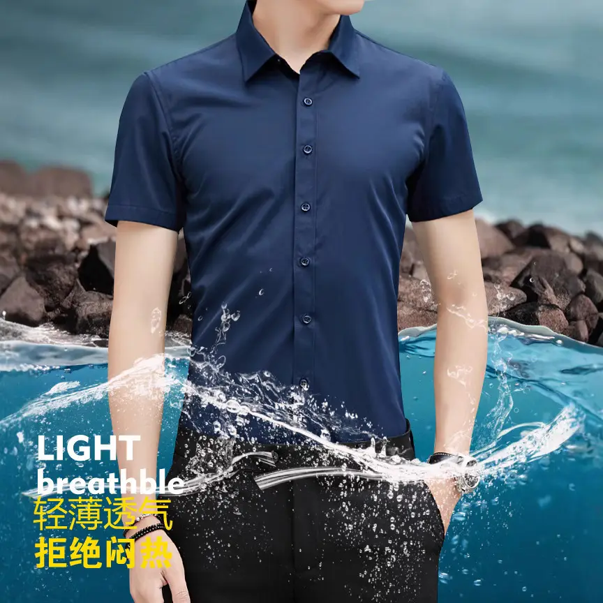 Men Summer Shirt Light Purple Slim Fit Short Sleeve - Image 8