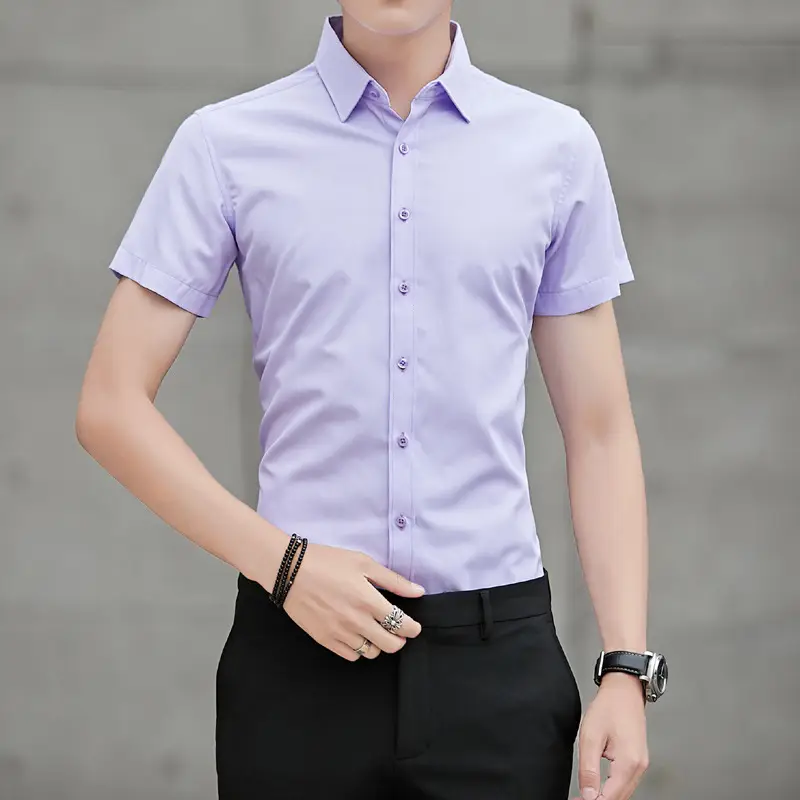 Men Summer Shirt Light Purple Slim Fit Short Sleeve - Image 3