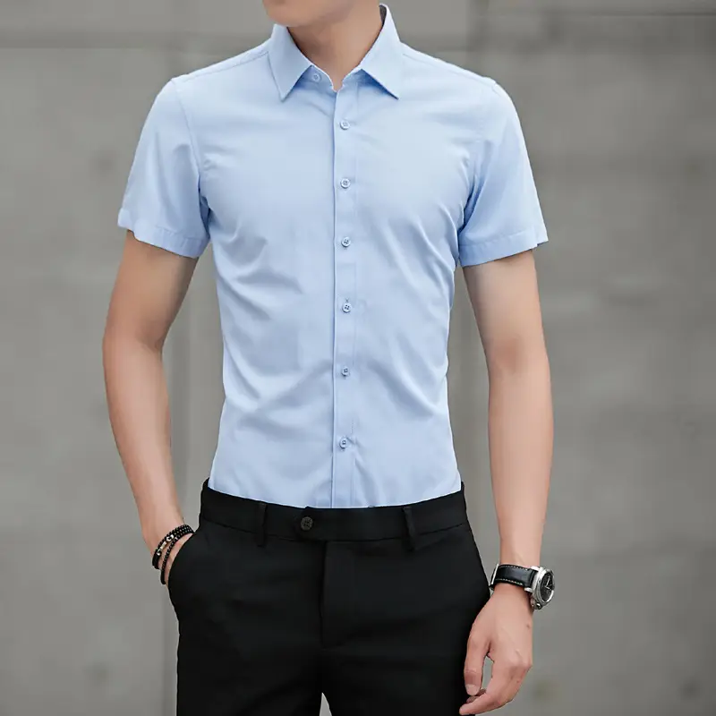 Men Summer Shirt Light Purple Slim Fit Short Sleeve - Image 4