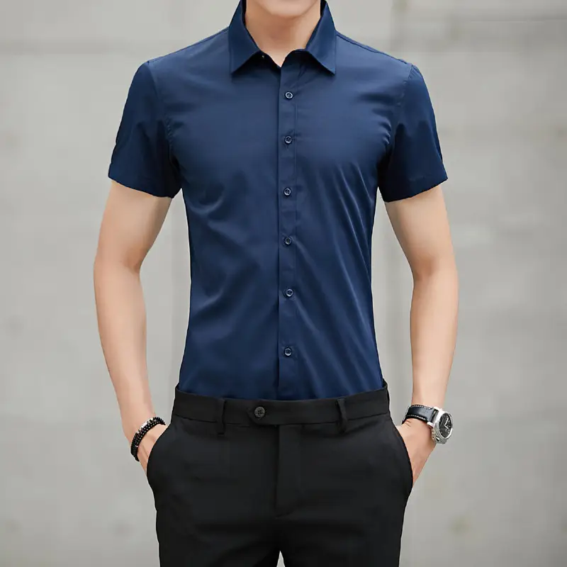 Men Summer Shirt Light Purple Slim Fit Short Sleeve - Image 5