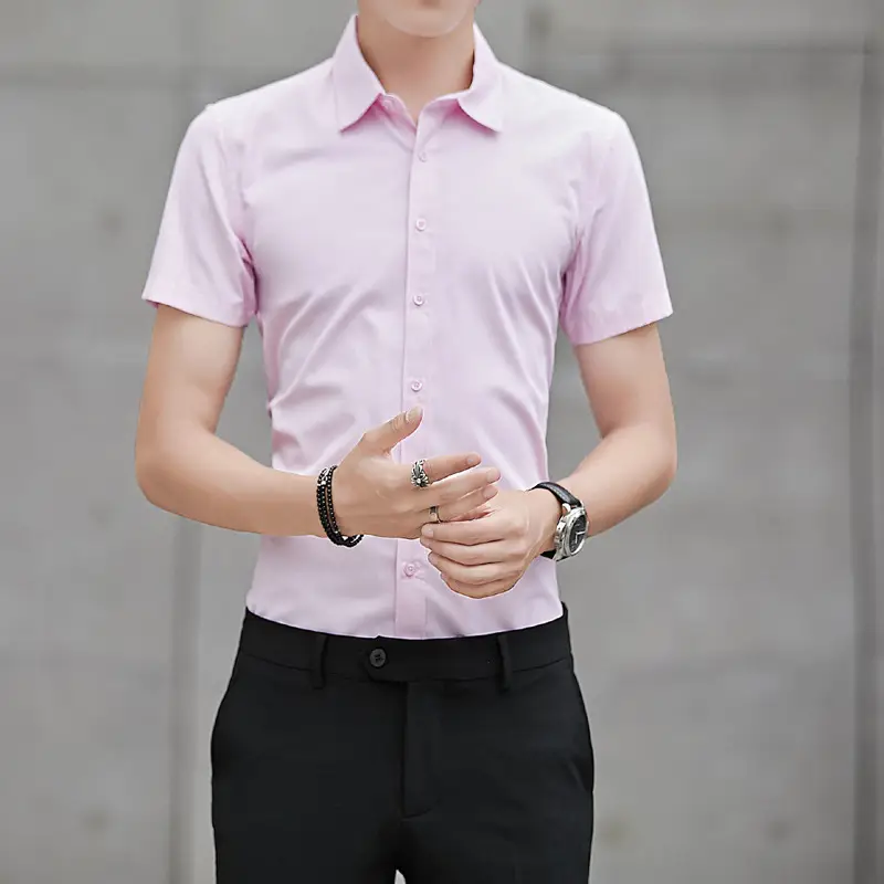 Men Summer Shirt Light Purple Slim Fit Short Sleeve - Image 6