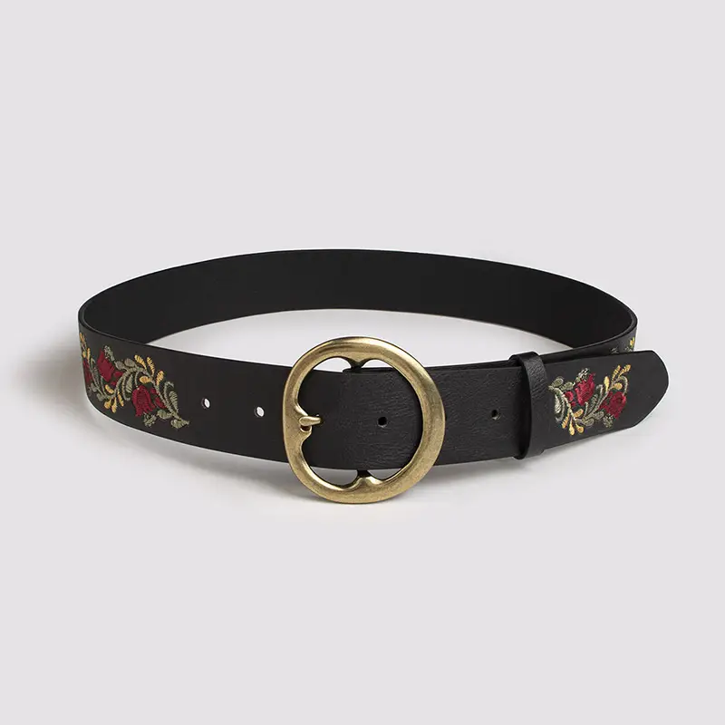 Black Embroidered Belt with Gold Buckle - Image 2