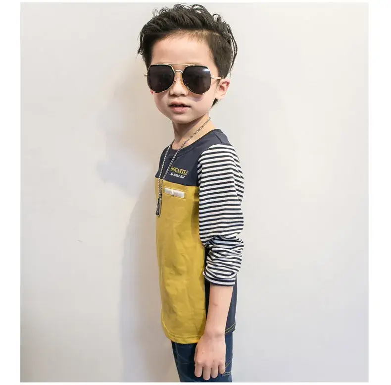 Kids Cotton Long Sleeve T-Shirt Yellow Striped Middle - Image 3
