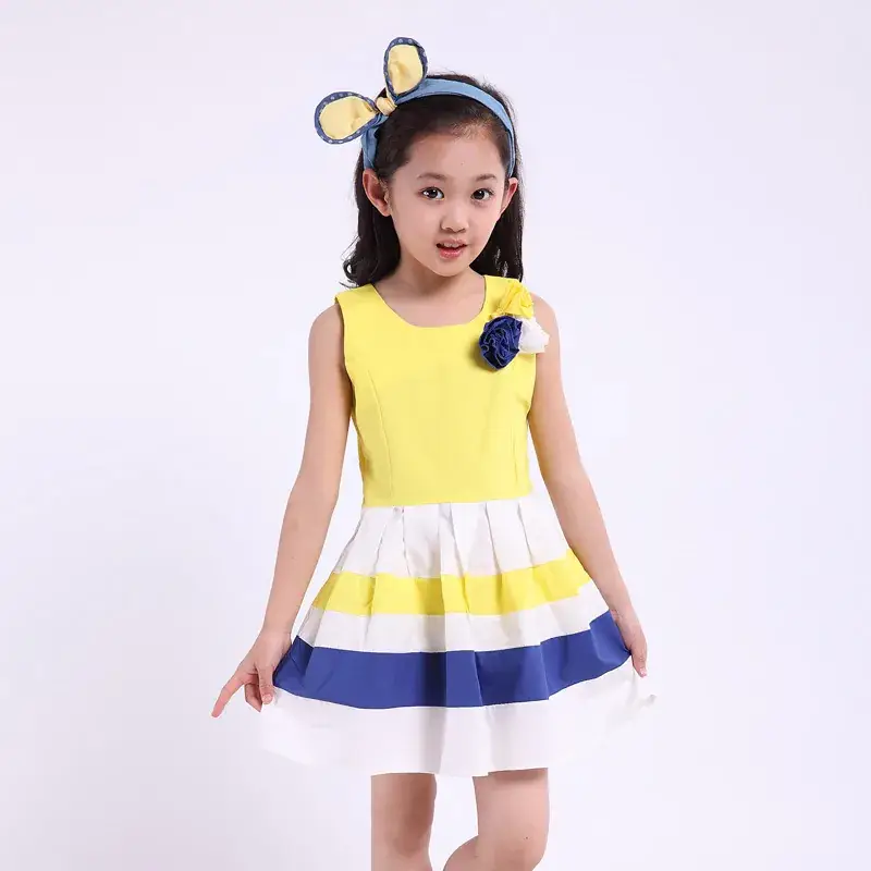 Girls Striped Cotton Dress Yellow Blue 2022